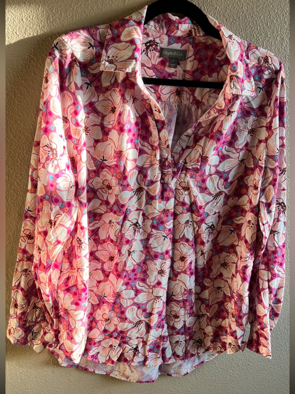 Style Co Women's Pink Floral Button Up Blouse modest garden summer size 1x